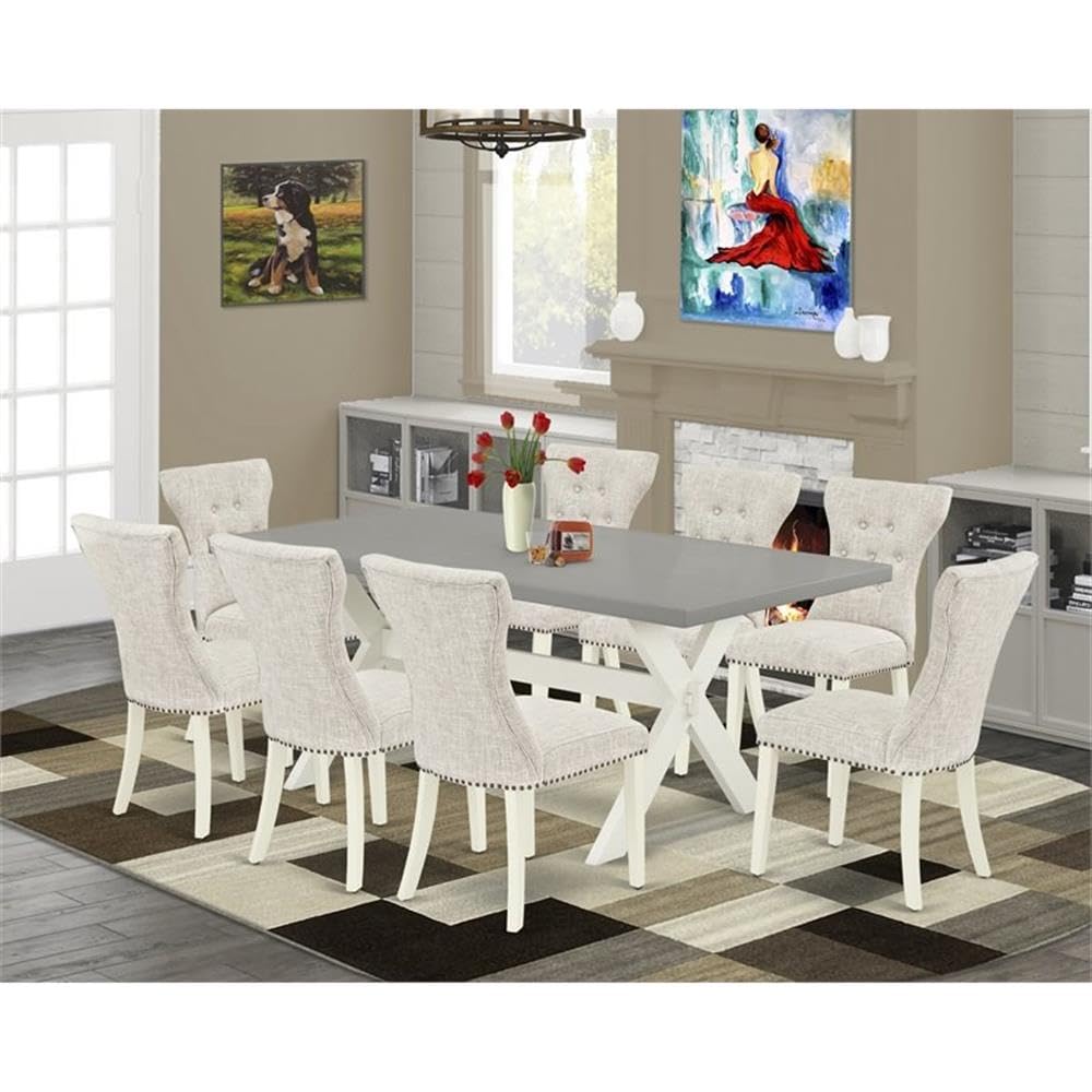 East West Furniture X097Ga235-9 9 Piece Modern Dining Table Set Includes A Rectangle Wooden Table With X-Legs And 8 Doeskin Linen Fabric Upholstered Chairs, 40X72 Inch, Multi-Color